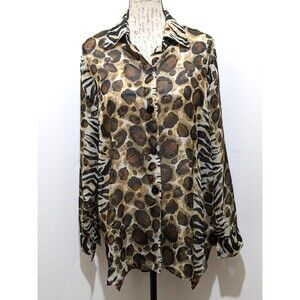 Fleurs by Elegant Additions Blouse Top Sheer Animal Button Front Collar Nice